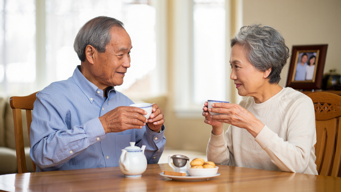 Asian Senior Couple Enjoying Tea Together