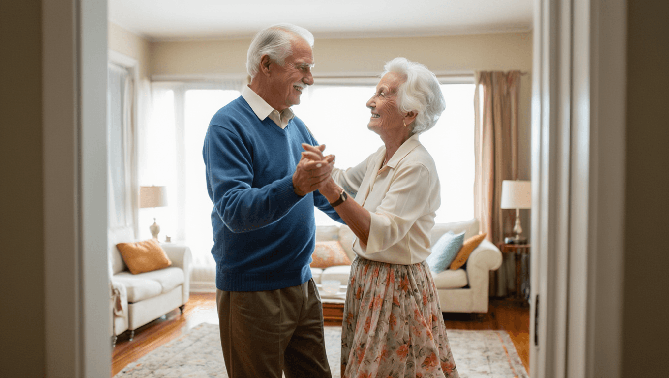 old couple dancing in their home
