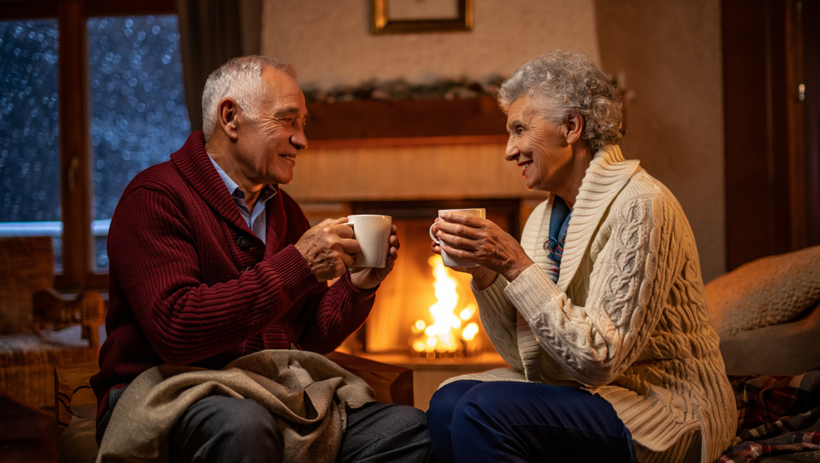 Senior Couple By Fireplace In Winter