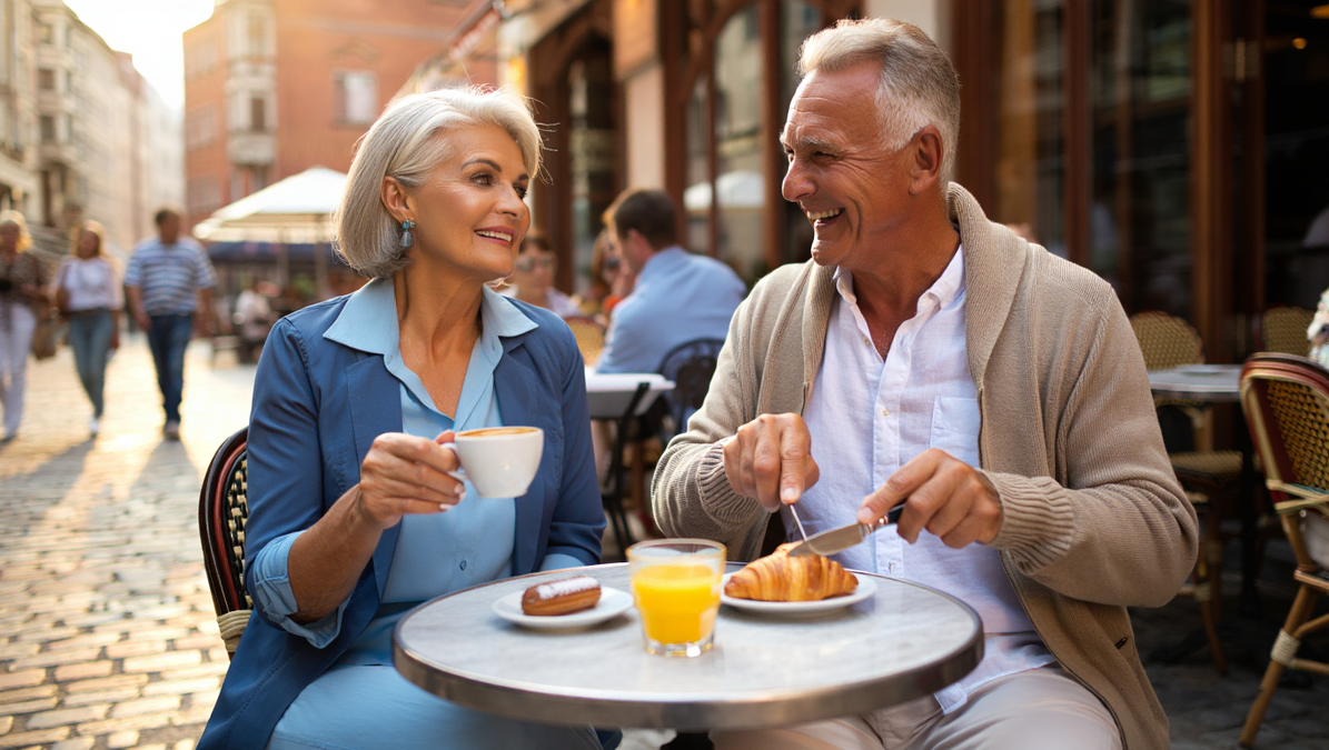 Senior Couple Enjoying Coffee At An Outdoor Cafe
