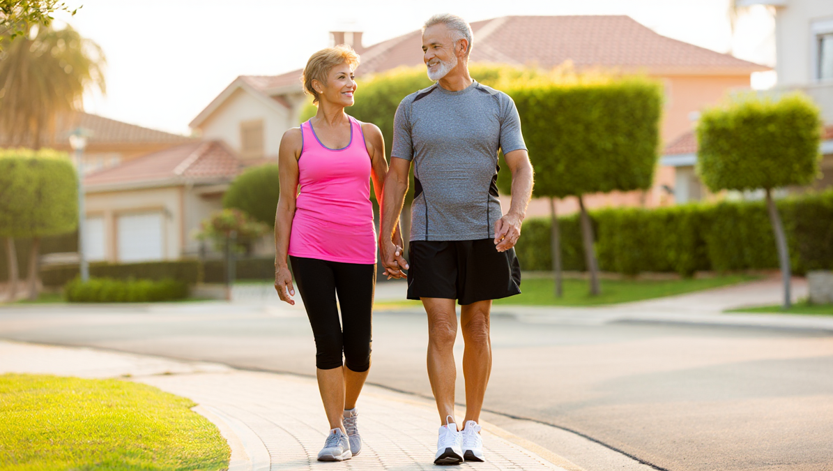 Senior Couple On Morning Walk In Neighborhood