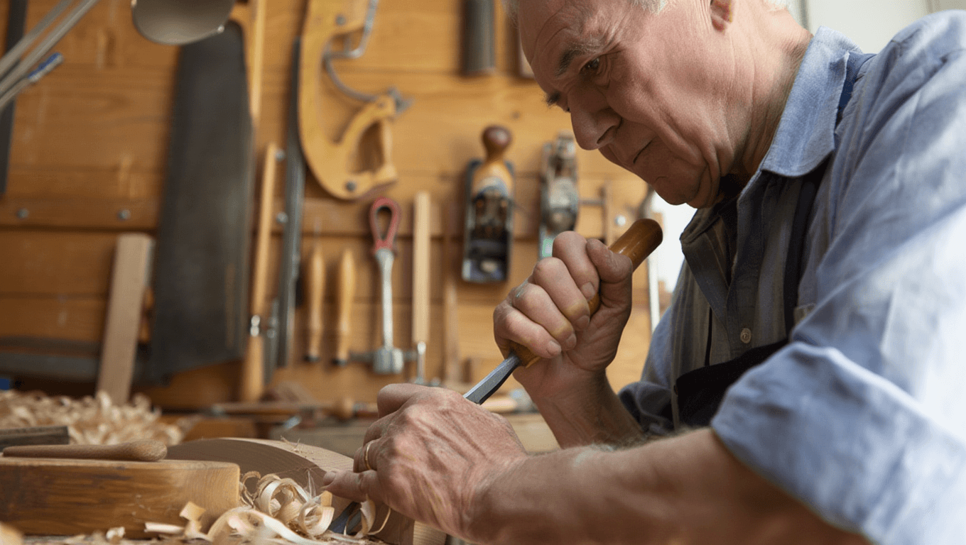 older man wood working in his garage with tools in the back
